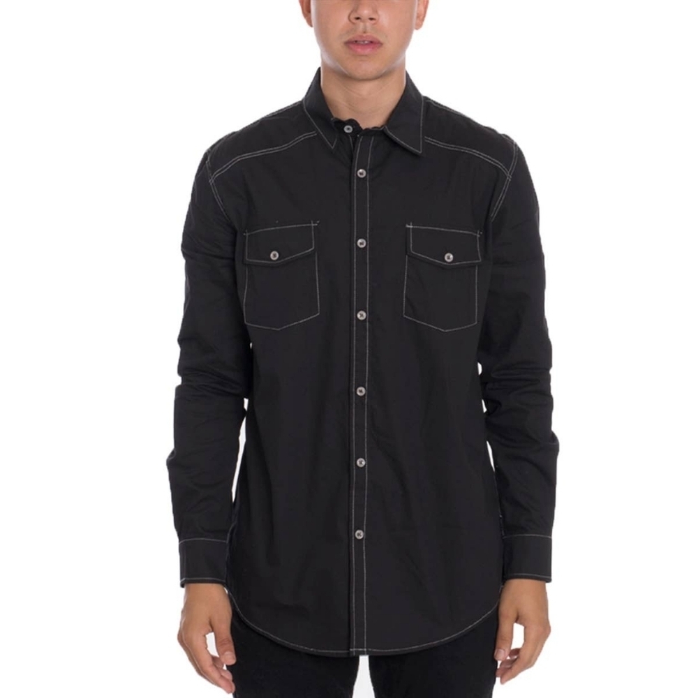 Men's 100% Cotton White Contrast Stitch Black Long Sleeve Button Down Shirt